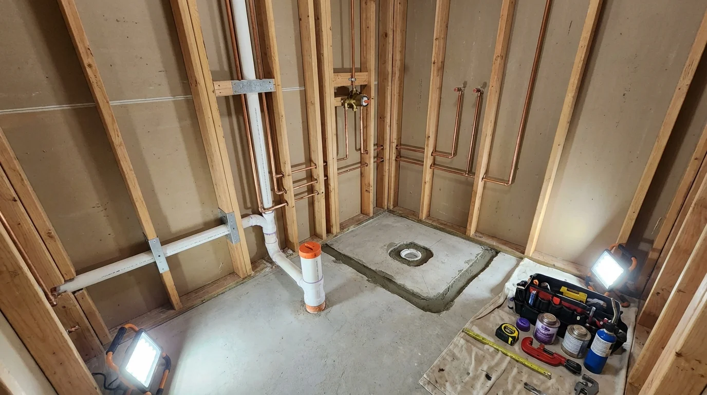 Bathroom rough-in plumbing during remodel by Johns Plumbing LLC in Saugus