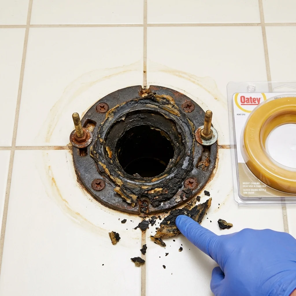 Failed wax ring showing water seepage at the base of a toilet in a Saugus, MA home